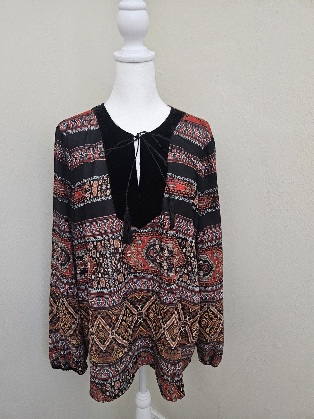 Sanctuary Black Blouse with Rust and Brown Boho Print